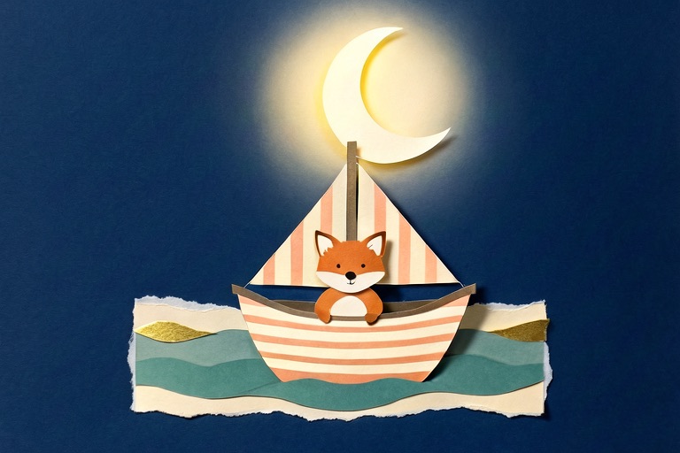 A paper-cut fox sailing a little striped boat under a glowing paper moon