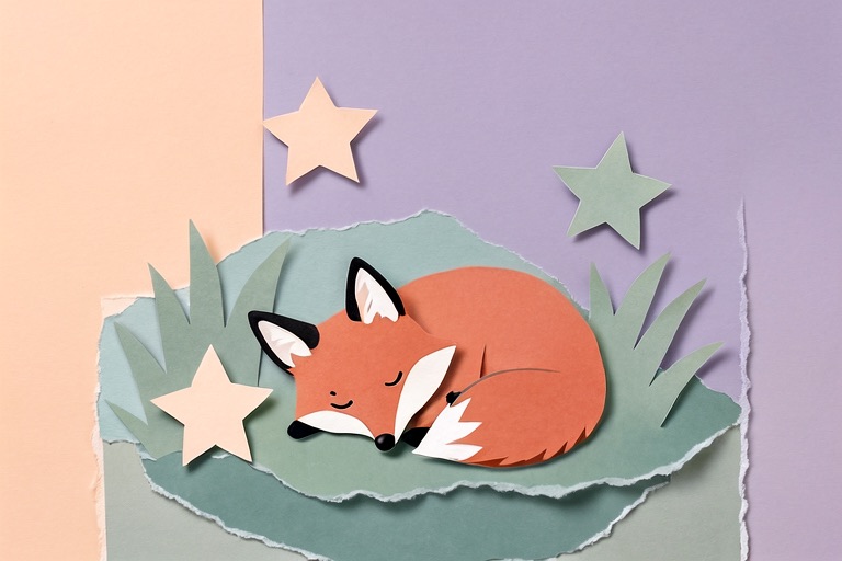 A paper-cut fox curled up asleep among paper stars
