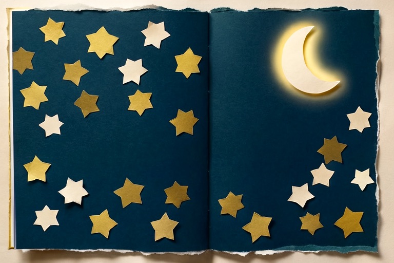 An open paper book with cut-paper stars and a crescent moon